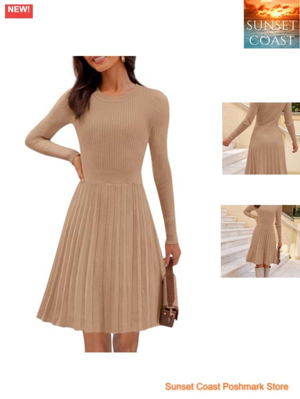 Women's Long Sleeve Ribbed Knit A Line Pleated Mini Sweater Dress